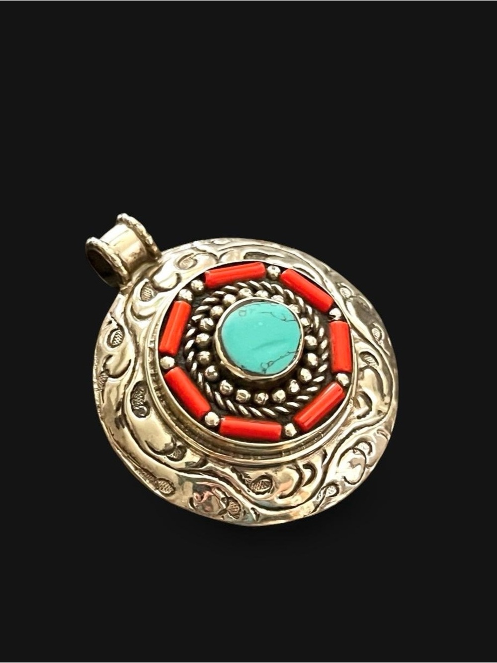 Large Southwestern Turquoise & Coral Tibetan Silver Medallion Pendant - Picture 2 of 7
